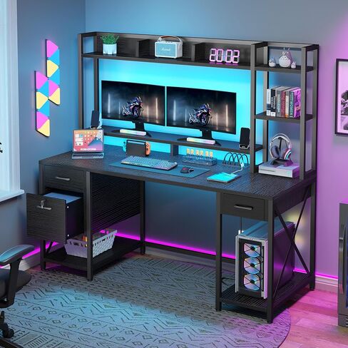 DWVO Computer Desk with Drawers & Hutch, 59.1" Office Desk with Power Outlets & LED Lights, Home Office Desk with Storage Shelves, Black in Saudi Arabia