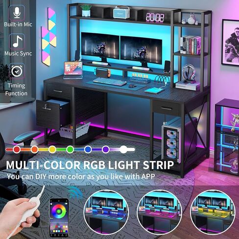 DWVO Computer Desk with Drawers & Hutch, 59.1" Office Desk with Power Outlets & LED Lights, Home Office Desk with Storage Shelves, Black in Saudi Arabia