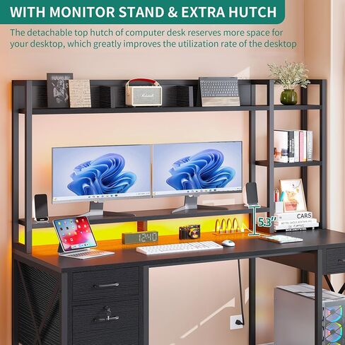 DWVO Computer Desk with Drawers & Hutch, 59.1" Office Desk with Power Outlets & LED Lights, Home Office Desk with Storage Shelves, Black in Saudi Arabia