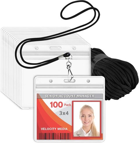 MIFFLIN Lanyard with Clear Horizontal Card Protector (Black, 4x3 Inch, 100 PK), ID Name Badge Holder with Lanyard Set in Saudi Arabia