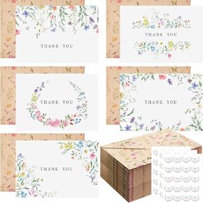 50 Pack Wildflower Thank You Cards Floral Greeting Cards Gift with Envelope Sticker Blank Note for Birthday Wedding Bridal Mothers Day, 4 x 6 Inch