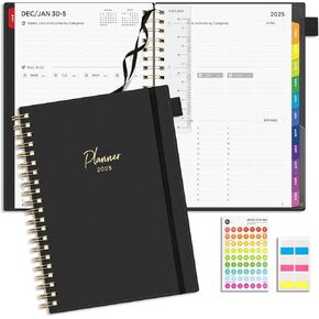 EMSHOI 2025 Planner Hourly Daily Weekly and Monthly, A4 (8.5x11), 3-Tier Appointment Book Vertical Schedule Calendar Organizer for Women Men Work Business, with Monthly Tabs, Note Pages, Black