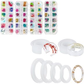 Gartful 6PCS Large Bracelet Resin Molds Set, Round C Font Silicone Jewelry Mold for Epoxy Casting with 48 Styles Natural 3D Applique Flowers DIY Craft Supplies
