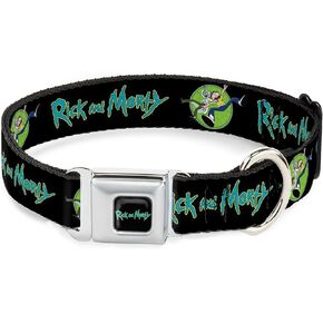 Rick and Morty Pet Collar, Dog Collar Metal Seatbelt Buckle, Rick and Morty Title Logo and Portal Pose Black, 15 to 24 Inches 1.0 Inch Wide