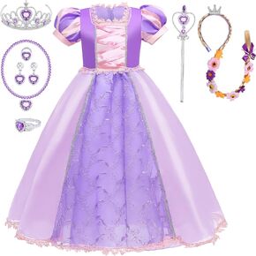 G.C Girls Rapunzel Dress Costume with Wig Toddler Princess Dress Up Clothes Kids Crown Wand Halloween Cosplay Birthday Gifts