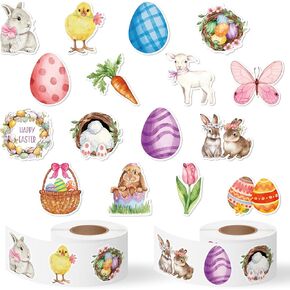 Haooryx عيد الفصح ملصقات ألوان مائية لفائف - 1000pcs (لفاتان) 16 تصاميم عتيقة عيد الفصح ملصقات فرخ البنيت هدية التغليف شارات زخرفية أطفال مرحبا زجاجة زجاجة ماء الينابيع هدايا الدجاجة