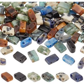 PH PandaHall 120pcs Half Tila Beads 6 Styles Natural Gemstone Beads 2-Hole Flat Spacer Beads Rectangle Loose Beads Charms Multi-Strand Linking Connectors for Bracelets Necklace Jewelry Making