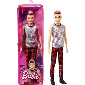 Barbie Ken Fashionistas Doll #176 مع شعر سمراء منحوتة محطمة على قميص صباغة بلا أكمام ، سراويل منقوشة حمراء وأحذية سوداء ، لعبة للأطفال من 3 إلى 8 سنوات