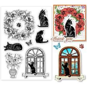 PH PandaHall Black Cat Clear Stamp, Wreath Silicone Stamp Vase Window Transparent Rubber Stamp Seal Paper Stamps for Card Making, Paper Crafting Photo Albums, Holiday Cards, Scrapbooking, Gift Tags