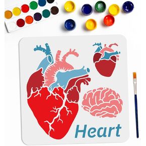 Mayjoydiy Halloween Heart Brain Stencils 11.8 × 11.8 بوصة القلب تشريحي مع فرشاة الطلاء قالب استنسل قابلة لإعادة الاستخدام القابلة لإعادة الاستخدام الديكور على الجدران الأثاث الأثاث الحرفي