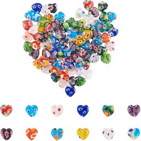 UR URLIFEHALL 66 Pcs Lovely Heart Shape Millefiori Lampwork Glass Beads Flat Heart Glass Beads for Jewelry Making Mixed Colors