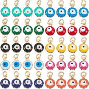 Nbeads 40 PCS 18K ملموسة ذهبية سبيكة شريرة العين ، 10 ألوان النحاس النحاس المعلقات ميني شرير سحر العين مع خاتم القفز لمجوهرات DIY قرط القلادة