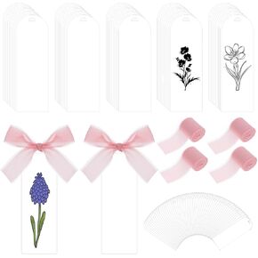 100 Pcs Acrylic Bookmark Blanks Clear Acrylic Bookmarks Tags with 4 Rolls Ribbon DIY Craft Transparent Bookmark for Reading Lovers for School Presents(5.9 x 2 Inch,Dusty Pink)
