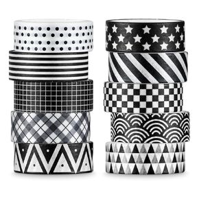 Whaline 10 Rolls Black Way Washi Tape Checkered Plaids Stripes Stars Washi Masking Tape Mongorted نمط هندسي أسود ملصق شريط زخرفي أبيض للاصطدام بالفنون الفنية الغلاف الهدية