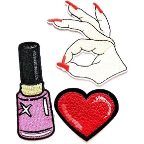 Nipitshop Patches Set 3 Pcs Hand Lady & Ok Patch Love Red Heart Patch Beautiful Pink Nail Polish Patch Iron On Appliques Embroidered for Clothes Backpacks T-Shirt Jeans Skirt Vests Scarf Hat Bag