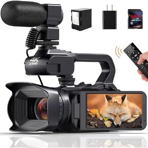6K Camcorder Video Camera HD 30MP 18X Digital Zoom Vlogging Camera for YouTube Video Camera with WiFi, 4500mAh Battery, 64GB SD Card, Stabilizer, Mic, Remote Control and Charger