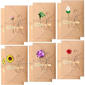 12 Packs Dried Flowers Greeting Card with Envelopes, Brown Retro Kraft Holiday Gift Card, DIY Invitation Wish Card Note Card Thank You Card for Birthday Christmas