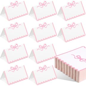 Eersida 100 Pcs Bow Place Cards 2 x 3.5 Inch Cute Scalloped Knot Tent Name Cardstock Blank Greeting Placecard Seat Assignment Label Card for Coquette Birthday Party Wedding Setting (Pink)