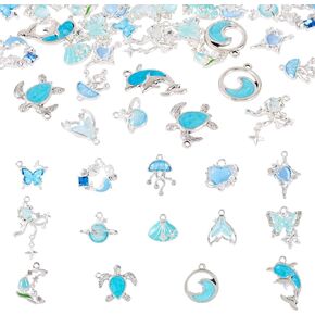 Craftdady 30pcs Ocean Animals Bracelet Charms Dolphin Waves Turtle Dangle Earring Charms Blue Alloy Rhinestone Enamel Metal Pendants 13-32 mm for DIY Craft Necklace Jewelry Making