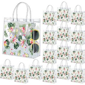 engrowtic 24 pcs أكياس هدايا واضحة من هاواي مع مقبض البلاستيك PVC الصيف Luau Jungle Goodie Favore الأكياس لأوراق النخيل الاستوائية ALOHA PARMED Party Party Party ، 8 × 8 × 3.15 ''