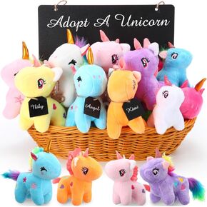 Vinsot 12 Packs Plush Mini Unicorn Stuffed Animals Unicorn Party Favor Bulk Toys Plush Keychain with Hanging Chalkboard Signs Small Wooden Tags Bamboo Basket Stuffers Animal Adoption Theme Birthday