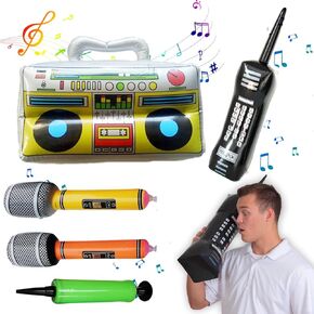 80s 90s Theme Party Decorations, Includes a Boom box, Inflatable Cell Phone, 2 Microphones,2 Inflatable Guitar and a Hand Pump for Hip Hop Party Theme Supplies Cosplay Props (7pcs)