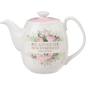 Christian Art Gifts Large Ceramic Cute Inspirational Scripture Teapot for Women: Rejoice Always Bible Verse for Home & Kitchen w/Gold, Easy-pour Lead & Cadmium-free, White/Blue & Yellow Lemons, 34 oz.
