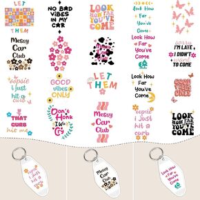 UV DTF Wrap Stickers - 8 Sheets Inspirational UV DTF Stickers for Motel Keychain Motivational UVDTF Wraps Decals Colorful Flower Butterfly Waterproof UV DTF Transfer Stickers for Hotel Keychain