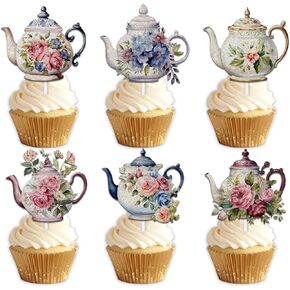 Dessert Cupcake Topper Pick for Teapot Afternoon Tea Theme Decorations children Happy Birthday Baby Shower Party Decor Supplies 18pcs Colorful Glitter
