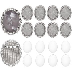 PH PandaHall 10 Sets Brooch Cabochon Vintage Oval Cabochon Bezel Antique Silver Photo Brooch Blank Bezel with Clear Glass Cabochon Dome Memorial Photo Pins for Jewelry Making DIY Findings 51x40 mm