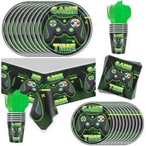 81Pcs Green Games Party Tableware Set Green Game Themed Party Decoration Supplies Include Game Plates,Tableware,Cups ,Tablecloth Banner Etc Gaming.