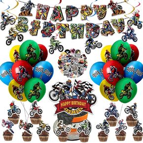 86Pcs Dirt Bike Birthday Party Decorations motorcycle themed party Decorations include banners balloons cake topper cupcake topper stickers for boys birthday supplies