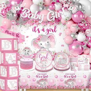 Cocomigo 254pcs Baby Shower Girl Decorations, Elephant Baby Shower Decorations Include 300gsm Plates Elephant Balloon Arch It's A Girl Backdrop Tablecloth Balloon Box Banner for Girl
