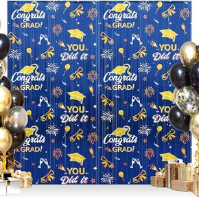 Graduation Party Decorations - 2 Pack 3.3 x 6.6 Ft Blue Gold Graduation Foil Fringe Curtain Congrats Grad Backdrop Wall Decorations Photo Background for Class of 2025 Graduation Party Supplies