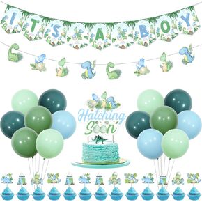 Kreatwow Dinosaur Dust Dream Decorations for Boy - Blue Green Its A Boy Banner ، Garland ، Hatching Soon Cake Topper و Rawr Decor