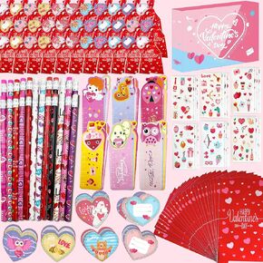 TEEHOME Valentines Day Gifts for Kids Classroom - 24 Pack Includes Cards, Pencils, Rulers, Bags, Stickers