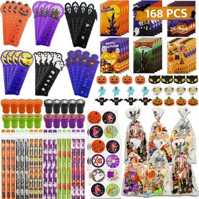 168 PCS Halloween Party Favors ، 24 Pack Halloween Stationery مجموعة خدعة أو معالجة الهدايا للأطفال هالوين لعبة عيد الهالوين في الفصل الدراسي لوازم المدارس الجوائز