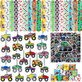 196 PCS Monster Truck Party Forms تشمل Monster Truck Slap Proclets ملصقات الشاحنات وسلاسل المفاتيح التي تحملها سيارة عيد ميلاد لحفلات عيد ميلاد Monster Truck Party