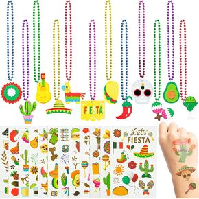 WATINC 12pcs Cinco De Mayo Fiesta Beads Necklaces and 12pcs Mexican Tattoo Stickers for Kids and Adult, Mexican Carnival Party event Favor Supplies Photo Props, May 5 Celebration Festivals Gifts Decor