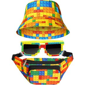3 Pcs Fanny Pack Bucket Hat and Pixel Sunglasses Mosaic Bag Holiday Christmas Party Gifts for Boys Gamers(Multicolor)