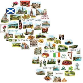 Ireland and Scotland Travel Sticker Bundle (64pcs) - Watercolor, Waterproof, Celtic Irish Scottish Themed Vacation Decals for Journals, Scrapbooks, Tumblers