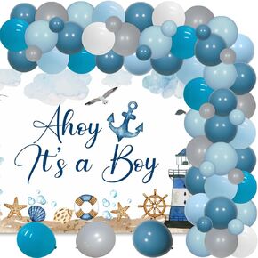 70Pcs Nautical Baby Shower Decorations for Boys with Ahoy It’s a Boy Backdrop Blue White Marine Sea Lighthouse Shipand Balloon Arch Kit for Photo Booth Props Newborn Baby Gender Reveal Party Supplies