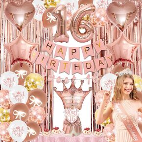 Sweet 16 Party Decorations - ديكورات حفلات عيد الميلاد السادسة السادسة لفتيات اللوازم 34 مع راية ، دوامة ، تاج ، بالونات ، خلفية ستارة الرقائق ، وشاح الذهب ، القبعات العليا للكعك