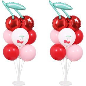 2 Sets Cherry Table Centerpiece Balloon Stand Kit with Little Cutie Cherry Foil Balloons and Latex Balloons for Birthday Party, Children's Day, Fruit Party, Baby's Birthday Party, Gender Reveal Party