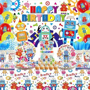Robot Birthday Party Decorations, Robot Happy Birthday Banner, Cake Toppers, Tableware, Tablecloth and Balloons, Robot Theme Party Supplies for Boys Girls Kids Baby Shower, Serves 20 in Kuwait