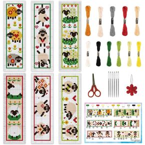 INFUNLY 6pcs DIY Lamb Cross Stitch Bookmark Kits for Adults Beginner 2.4''x7.9'' Sheep Stamped Embroidery Bookmark Kit with Instruction Printed Cute Animal Embroidery Bookmark Set for Book Lovers