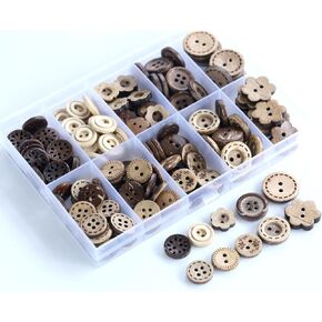 180pcs 10 أنماط متنوعة أزرار قذيفة جوز الهند 0.5 بوصة 0.6 بوصة 0.72 بوصة 3 أحجام أزرار خشبية لخياطة مجموعات الحرف DIY مع صندوق بلاستيكي