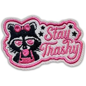 Stay Trashy Patch 3 Inches Funny Cat Pink Cute Love Animals Meme Iron On/Sew On Embroidery Fabric Applique Patches for Trucker Hats Clothes Backpack DIY Accessories Coworkers Friends Mom Gifts