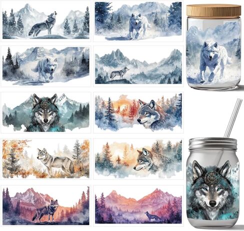 arricraft 10 pcs Wild Wolf Mountain Cup Cup Printing UV Transfer Papers ، ملصقات Cup Cup Cup Cup الملونة الملونة للماء لـ 16 أوقية كؤوس زجاجية ، هدايا للعائلة والأصدقاء in Kuwait