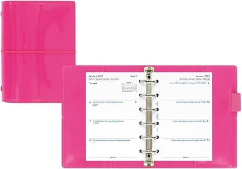 Filofax Domino Patent Organizer, Pocket Size, Hot Pink - High-Gloss, Contemporary, Six Rings, Week-to-View Calendar Diary, Multilingual, 2025 (C022480-25) in Saudi Arabia